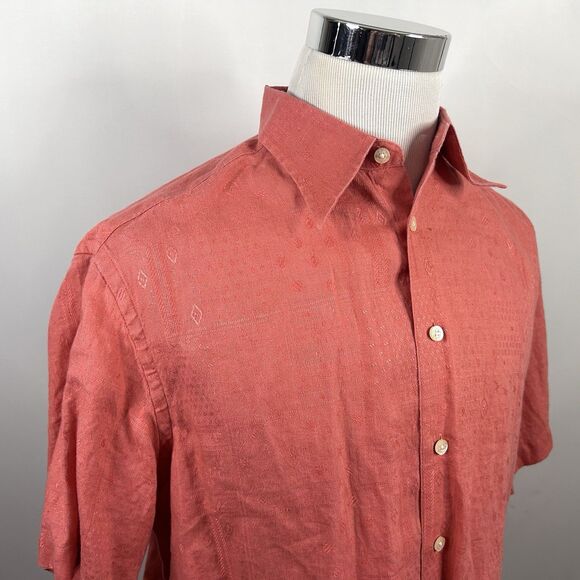 R&G Robert Graham Large 100% Linen Shirt Short Sleeve Geometric Embroidered Pink - Picture 1 of 4